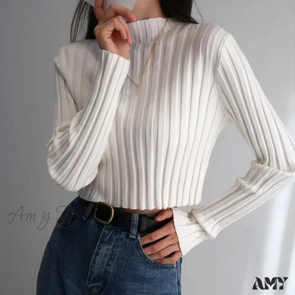 Retro Standing Neck Solid Color Minimalist Slim Fit Short Sweater