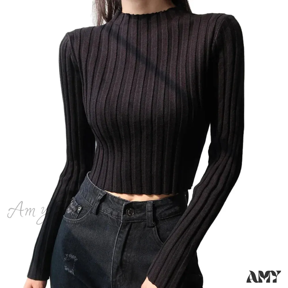 Retro Standing Neck Solid Color Minimalist Slim Fit Short Sweater