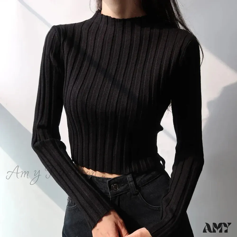 Retro Standing Neck Solid Color Minimalist Slim Fit Short Sweater