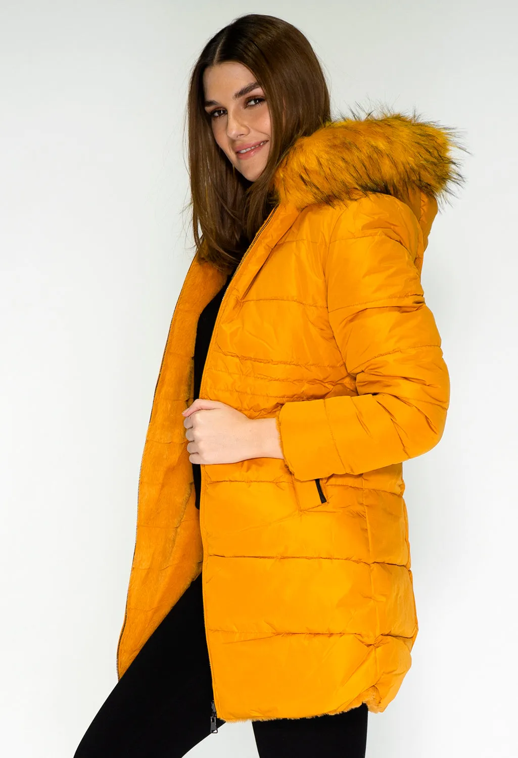 Reversible Mustard Coat with Detachable Faux Fur Hood