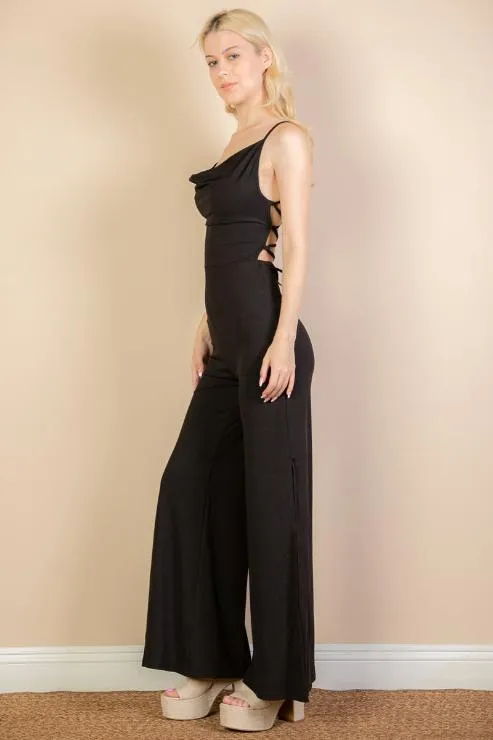 Ribbed Cowl Neck Backless Split Wide Leg Jumpsuit