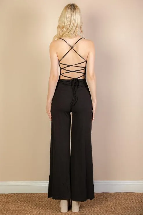 Ribbed Cowl Neck Backless Split Wide Leg Jumpsuit