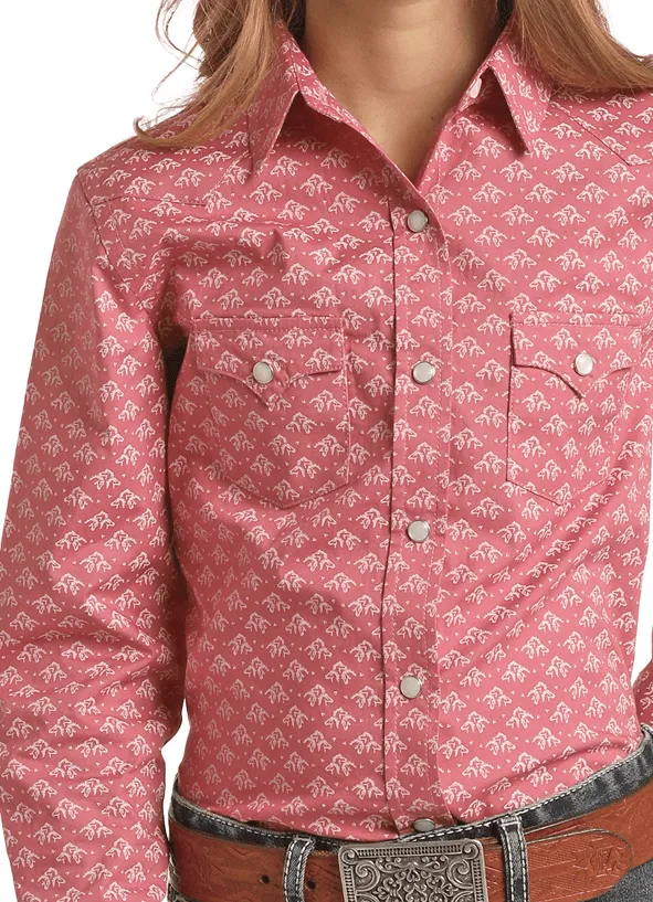 Rock & Roll Cowgirl Girl's Pink Horse Print Long Sleeve Western Shirt RSGSOSRYTY