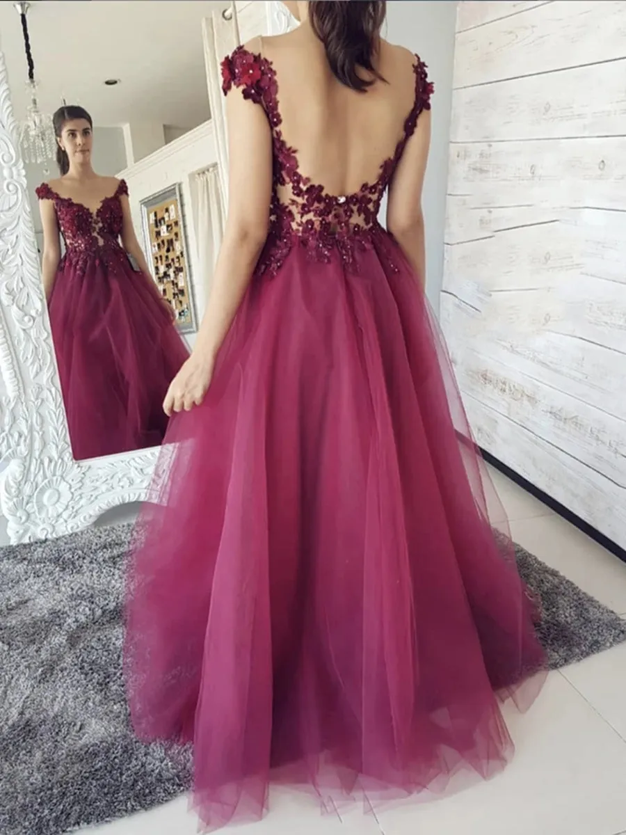 Round Neck Backless Burgundy Floral Lace Long Prom, Floral Burgundy Lace Formal Graduation Evening