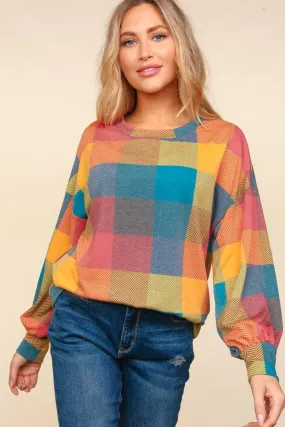 Round Neck Color Block Plaid Top