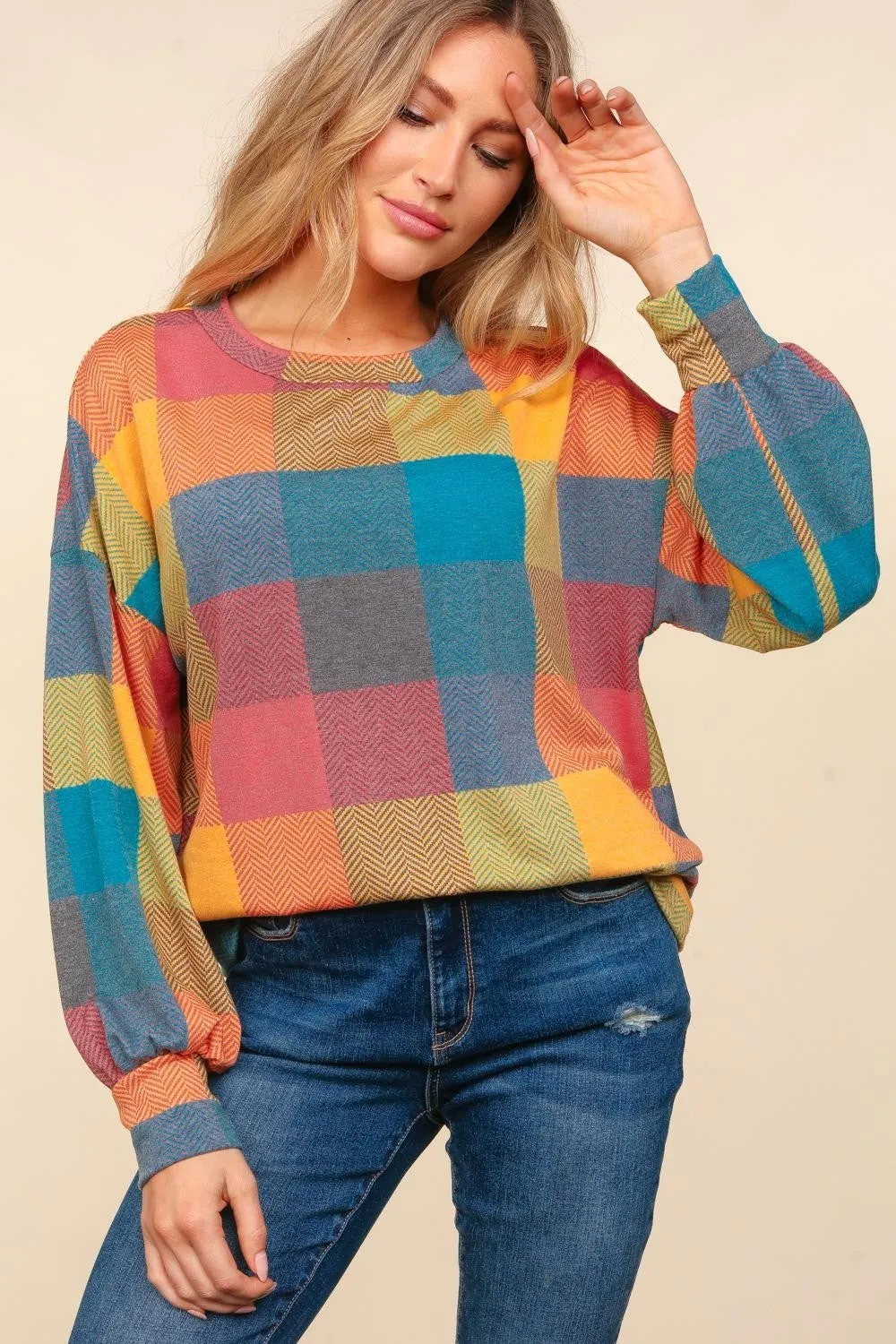 Round Neck Color Block Plaid Top