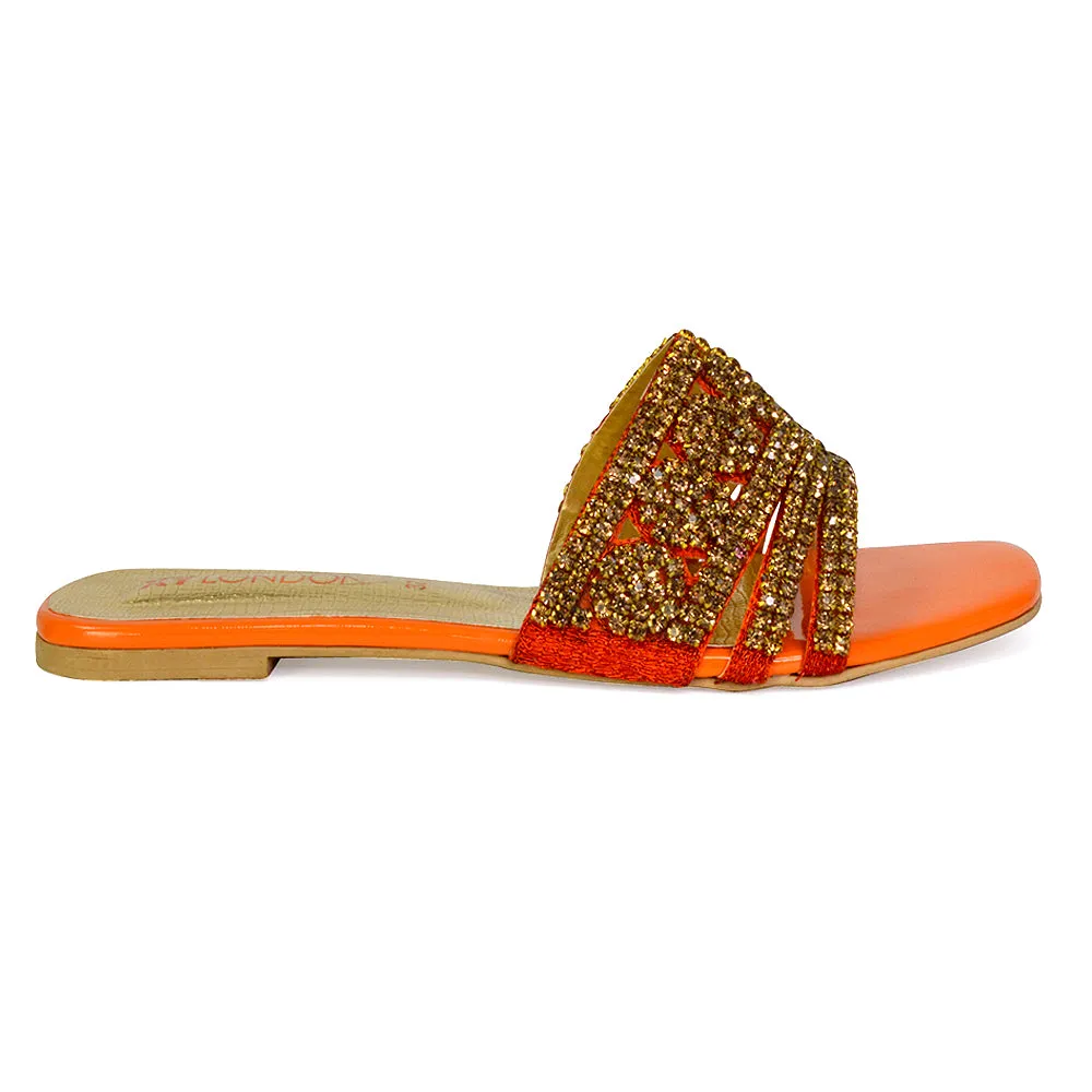 Sam Cut Out Square Toe Sparkly Front Strap Flat Diamante Sandals in Orange