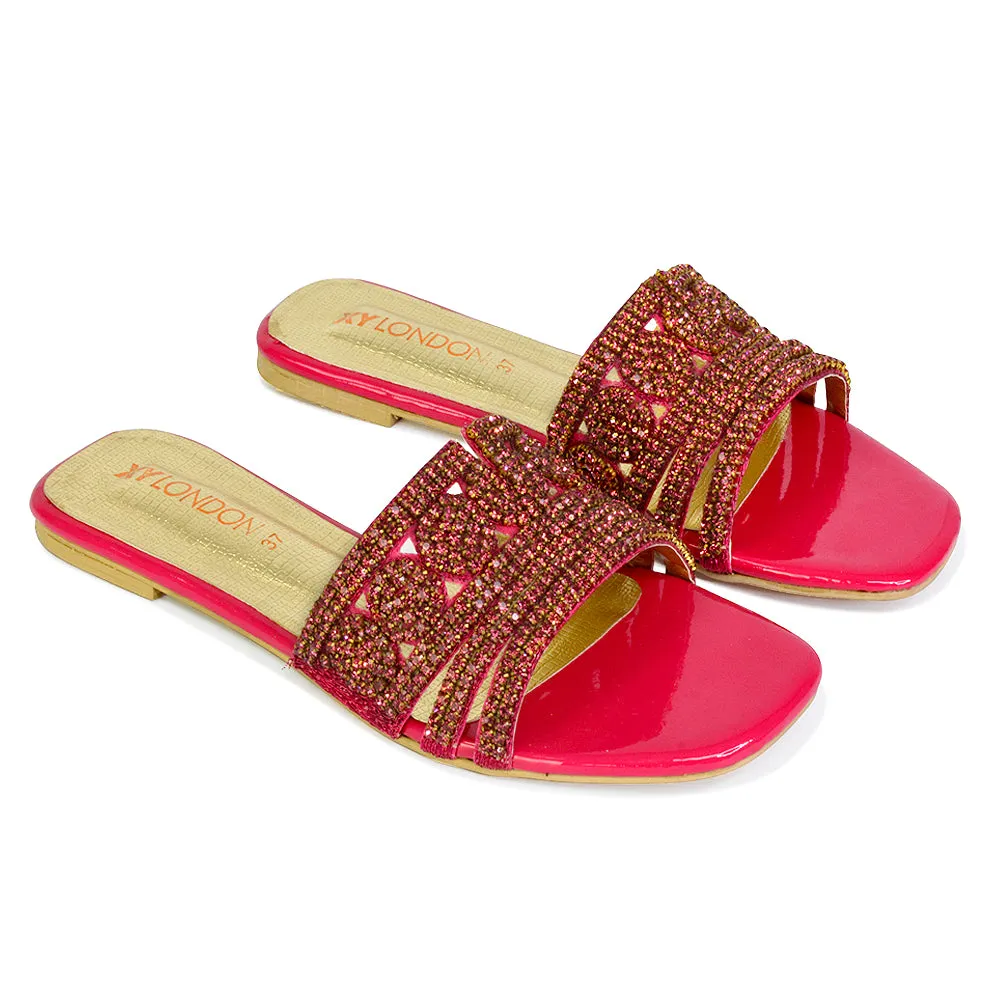 Sam Cut Out Square Toe Sparkly Front Strap Flat Diamante Sandals in Orange