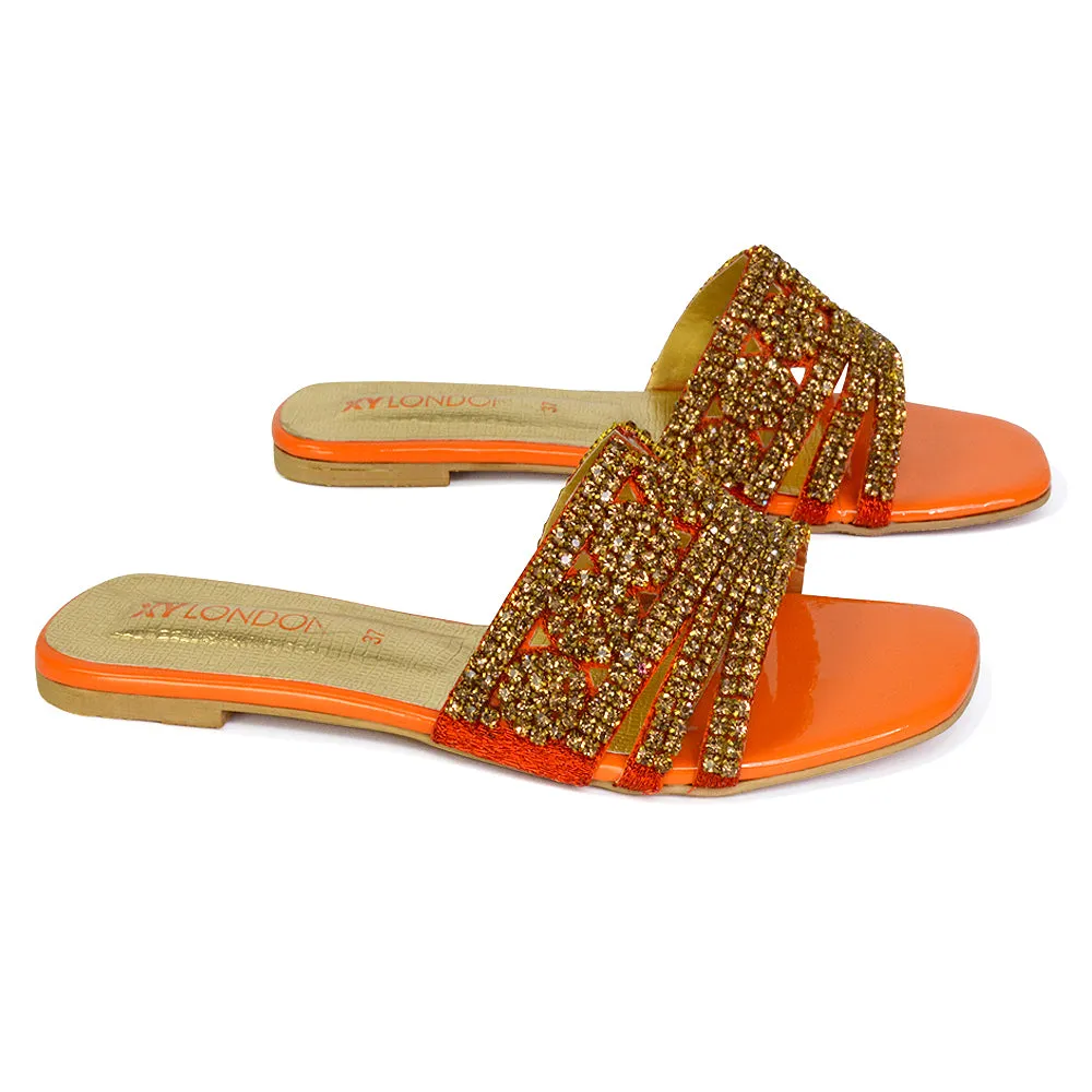 Sam Cut Out Square Toe Sparkly Front Strap Flat Diamante Sandals in Orange