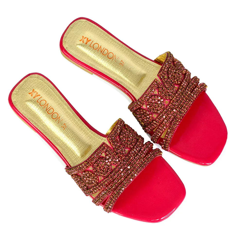 Sam Cut Out Square Toe Sparkly Front Strap Flat Diamante Sandals in Orange