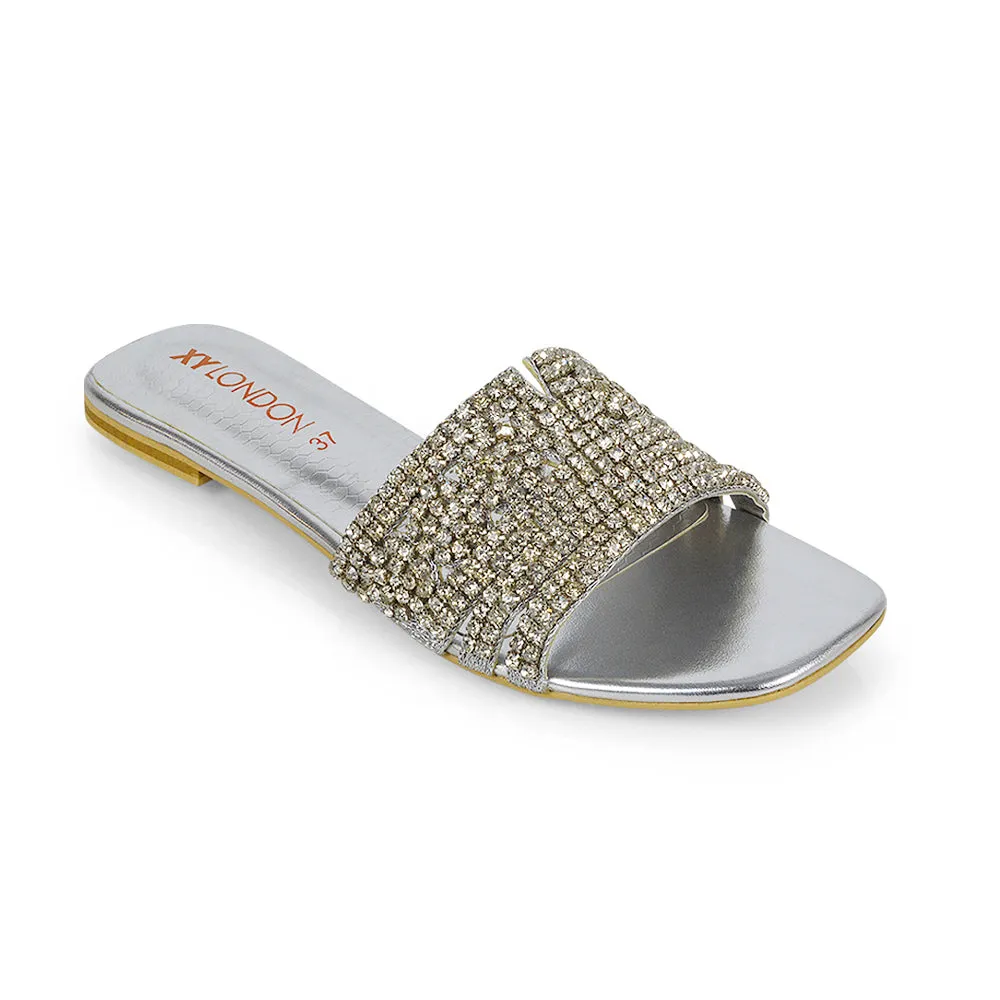 Sam Cut Out Square Toe Sparkly Front Strap Flat Diamante Sandals in Orange