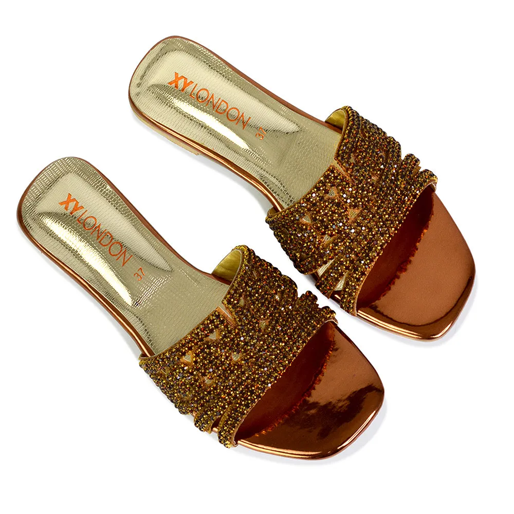 Sam Cut Out Square Toe Sparkly Front Strap Flat Diamante Sandals in Orange