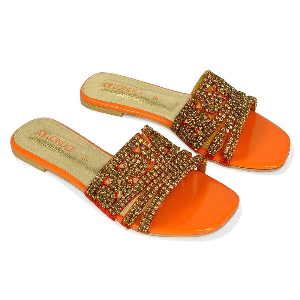 Sam Cut Out Square Toe Sparkly Front Strap Flat Diamante Sandals in Orange