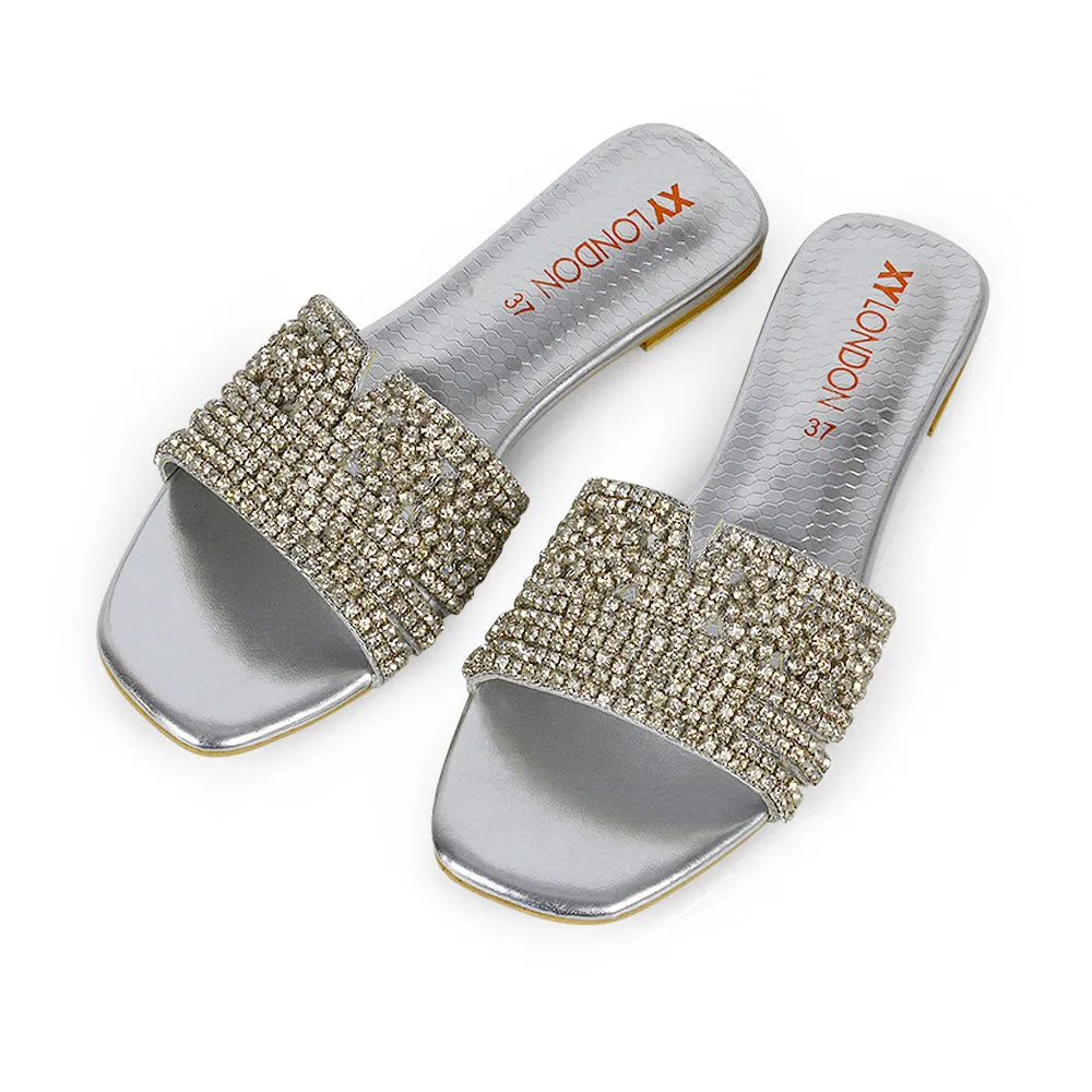 Sam Cut Out Square Toe Sparkly Front Strap Flat Diamante Sandals in Orange