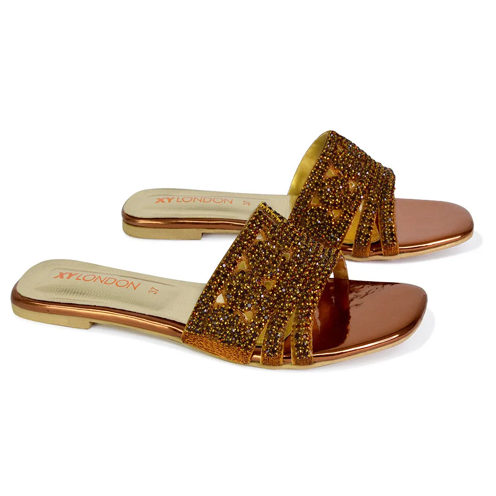 Sam Cut Out Square Toe Sparkly Front Strap Flat Diamante Sandals in Orange