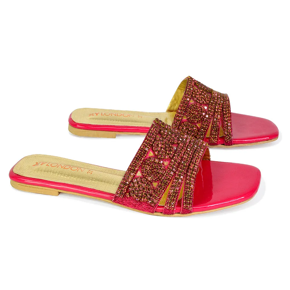 Sam Cut Out Square Toe Sparkly Front Strap Flat Diamante Sandals in Orange