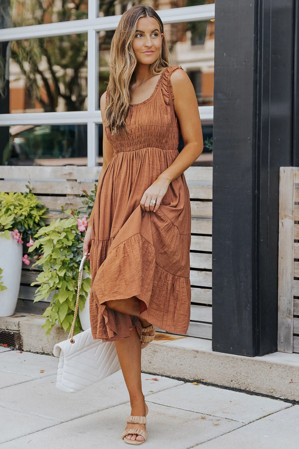 Scarlett - Brown Smocked Ruched Sleeveless High Waist Midi Dress