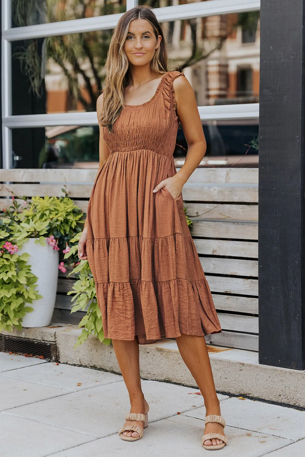 Scarlett - Brown Smocked Ruched Sleeveless High Waist Midi Dress