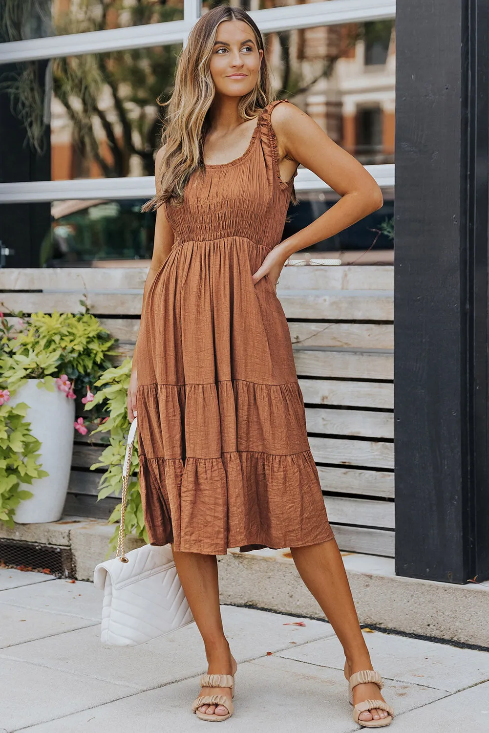 Scarlett - Brown Smocked Ruched Sleeveless High Waist Midi Dress