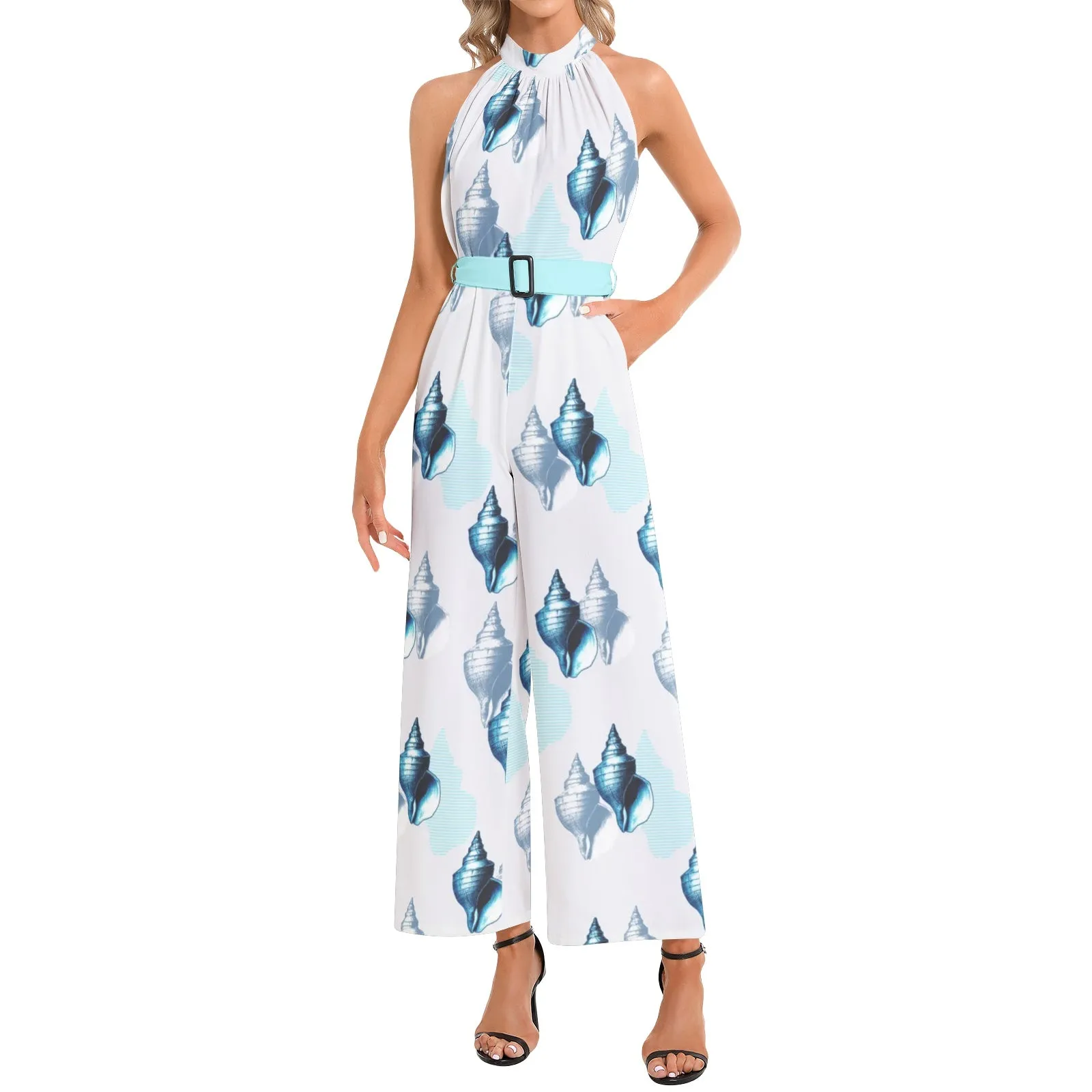 Seashell Halter Neck Buckle Belted Jumpsuit