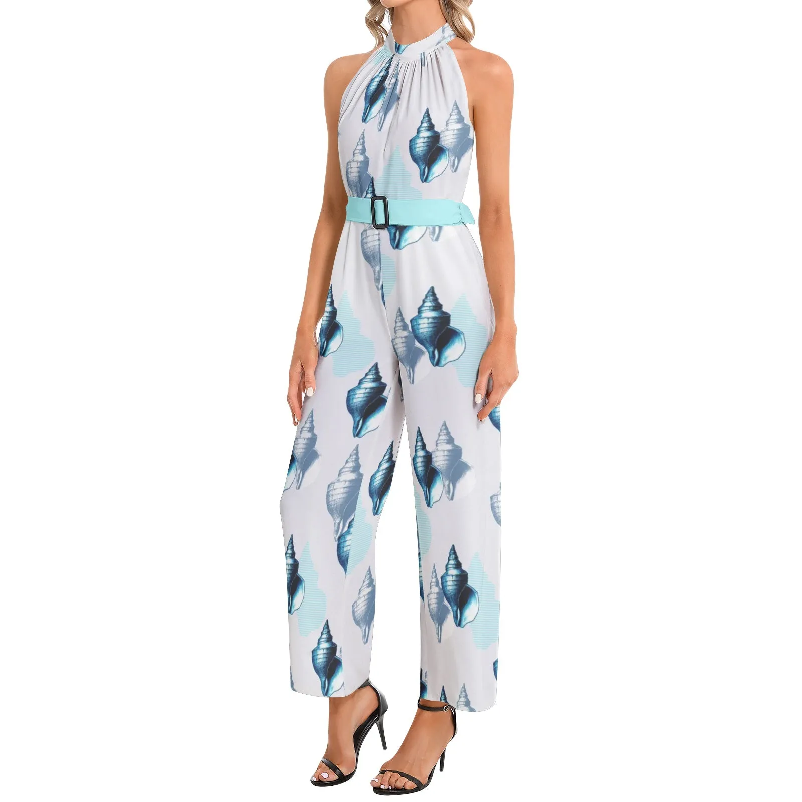 Seashell Halter Neck Buckle Belted Jumpsuit