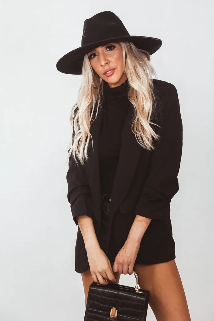 Shawl Collar Blazer with Ruched Sleeve - Black