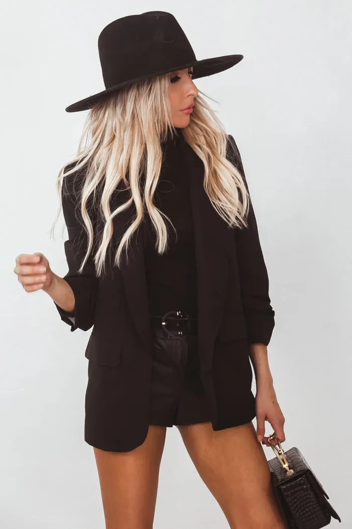 Shawl Collar Blazer with Ruched Sleeve - Black