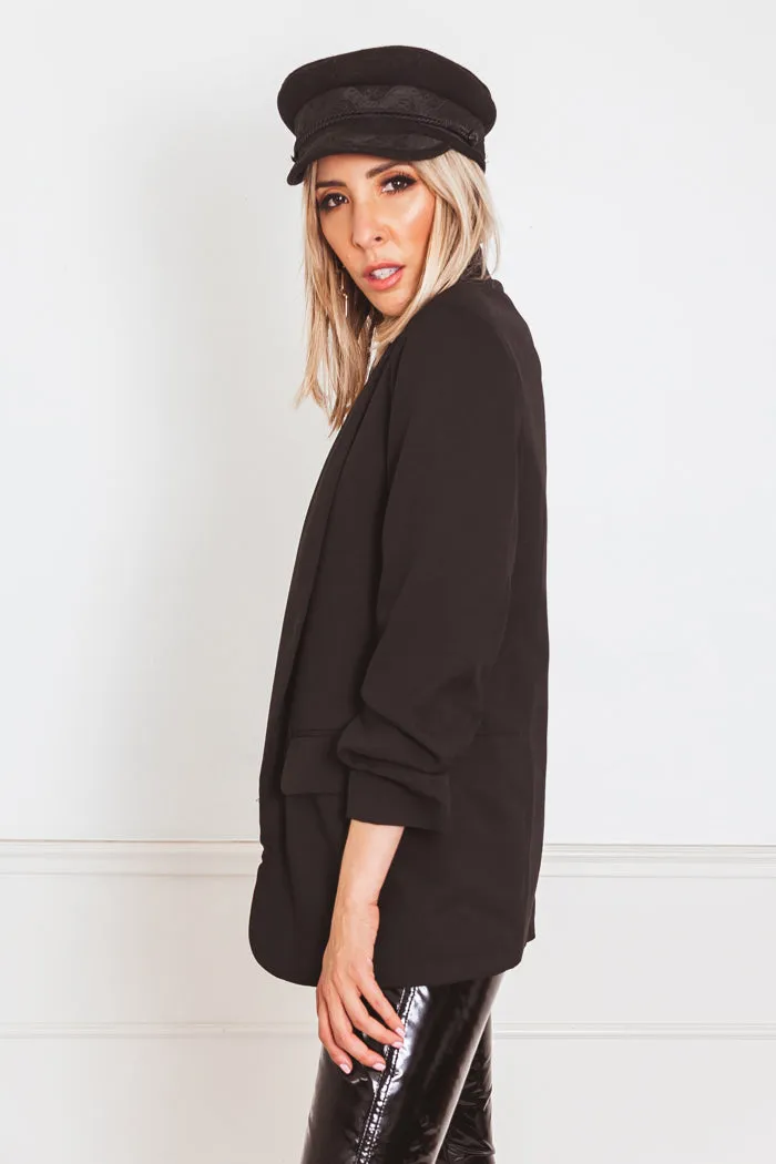 Shawl Collar Blazer with Ruched Sleeve - Black