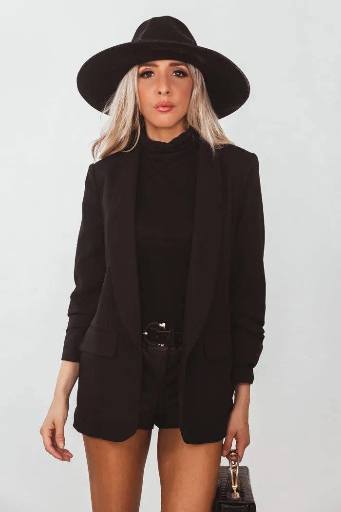 Shawl Collar Blazer with Ruched Sleeve - Black