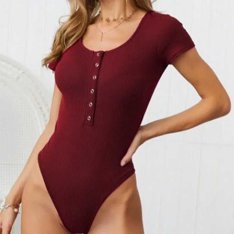 Short Sleeved Knit Button Up Bodysuit - 3 colors