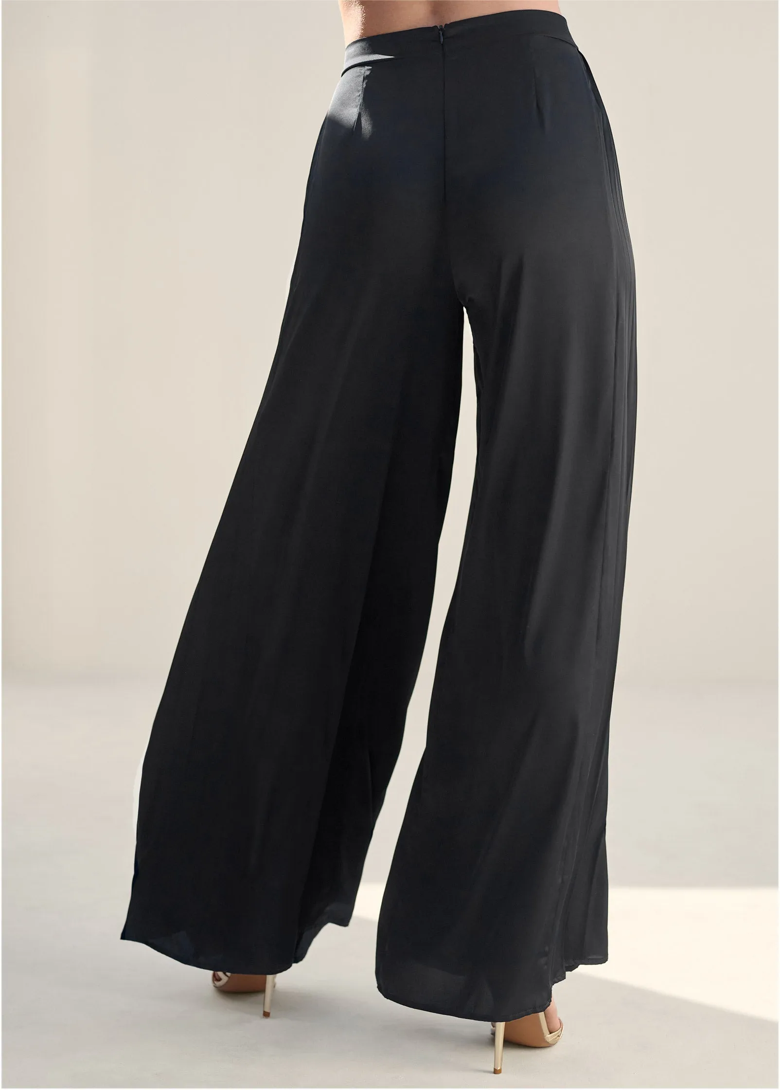 Side Pleat Wide Leg Pants - Black