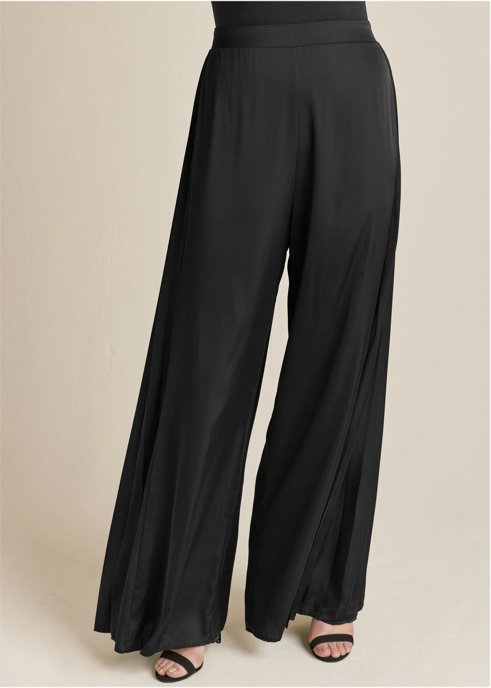 Side Pleat Wide Leg Pants - Black