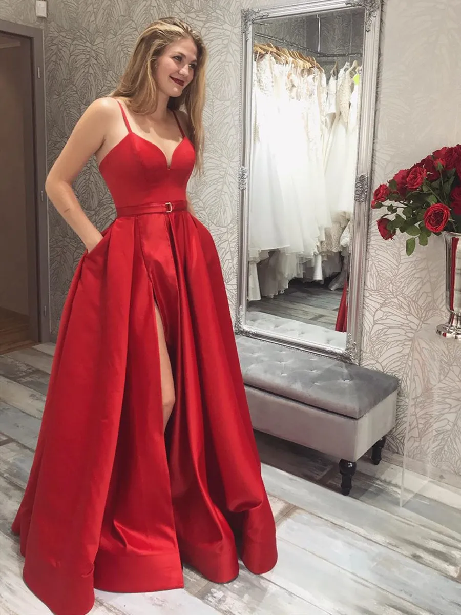 Simple A Line V Neck Red Long Prom with High Slit, Red Formal Graduation Evening