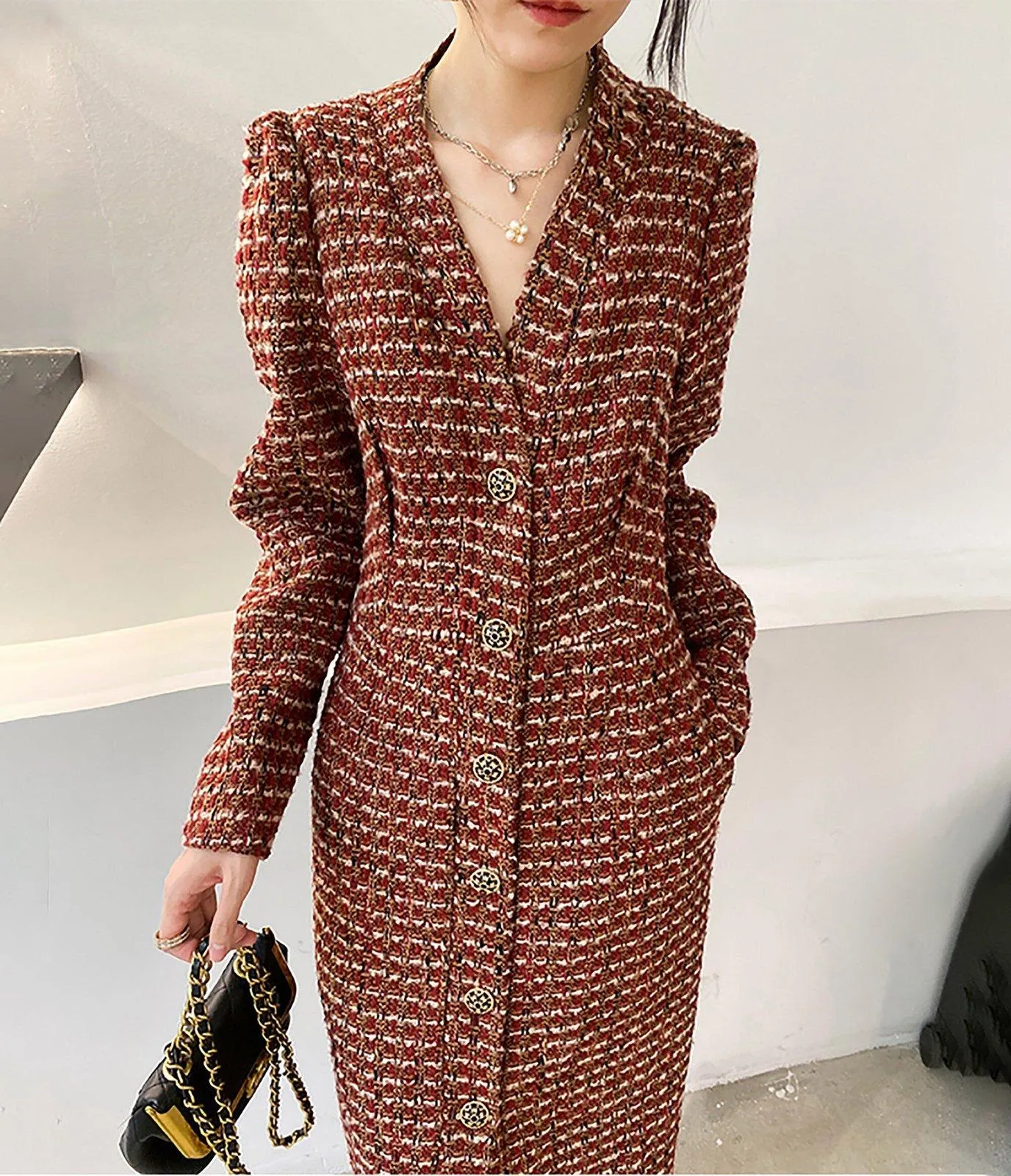 Single Breasted Wool Blend Tweed Knit Long Coat