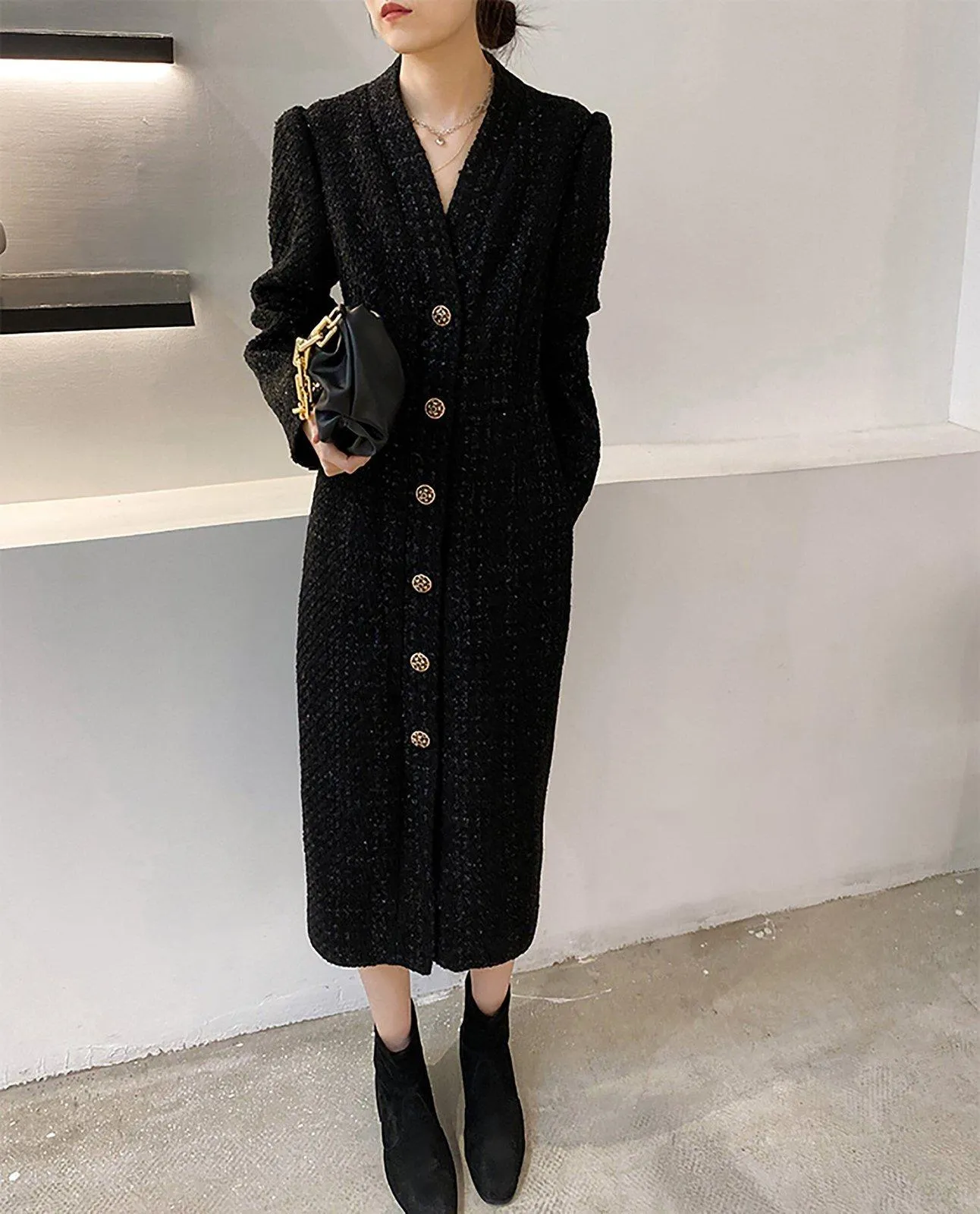 Single Breasted Wool Blend Tweed Knit Long Coat