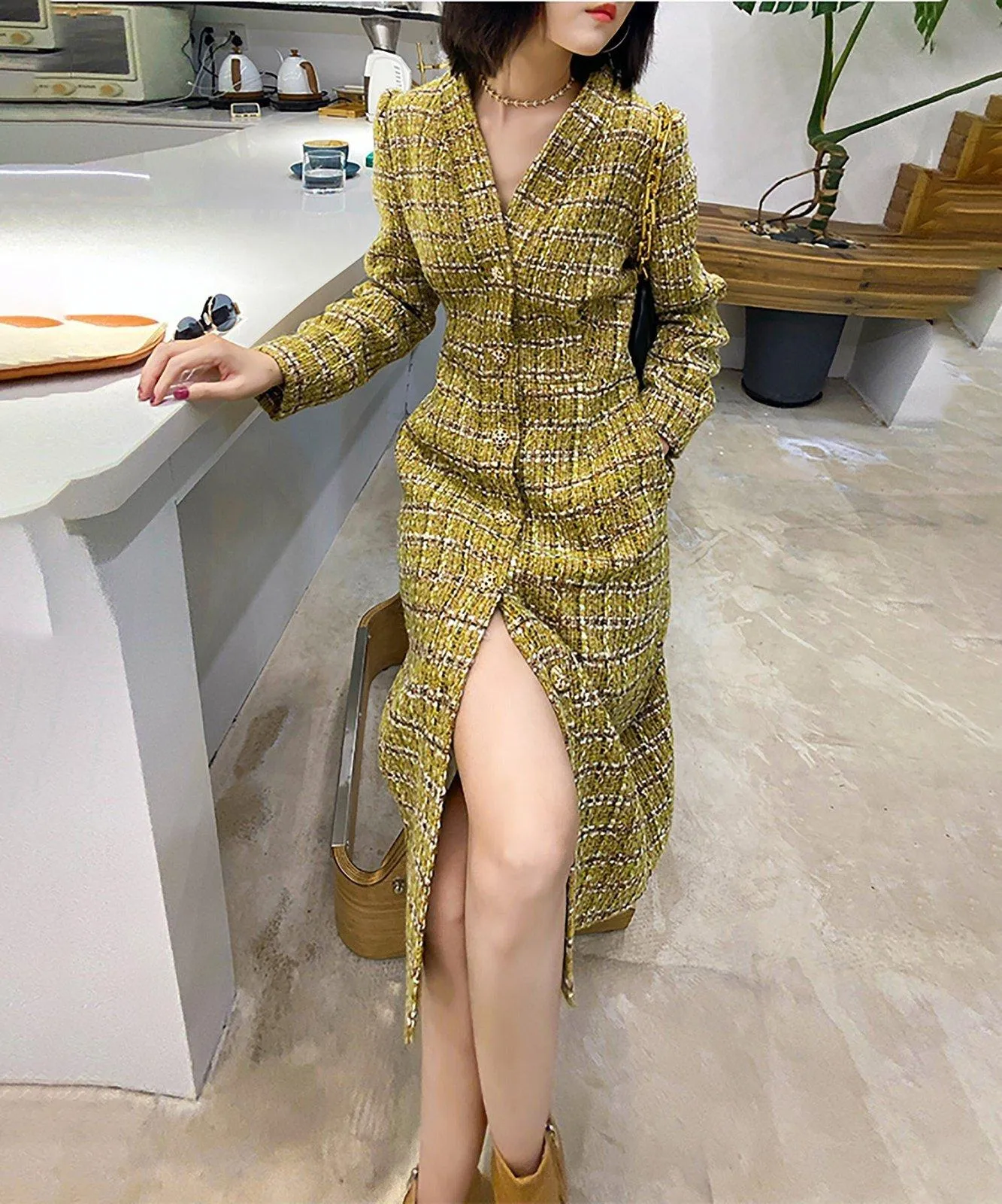 Single Breasted Wool Blend Tweed Knit Long Coat