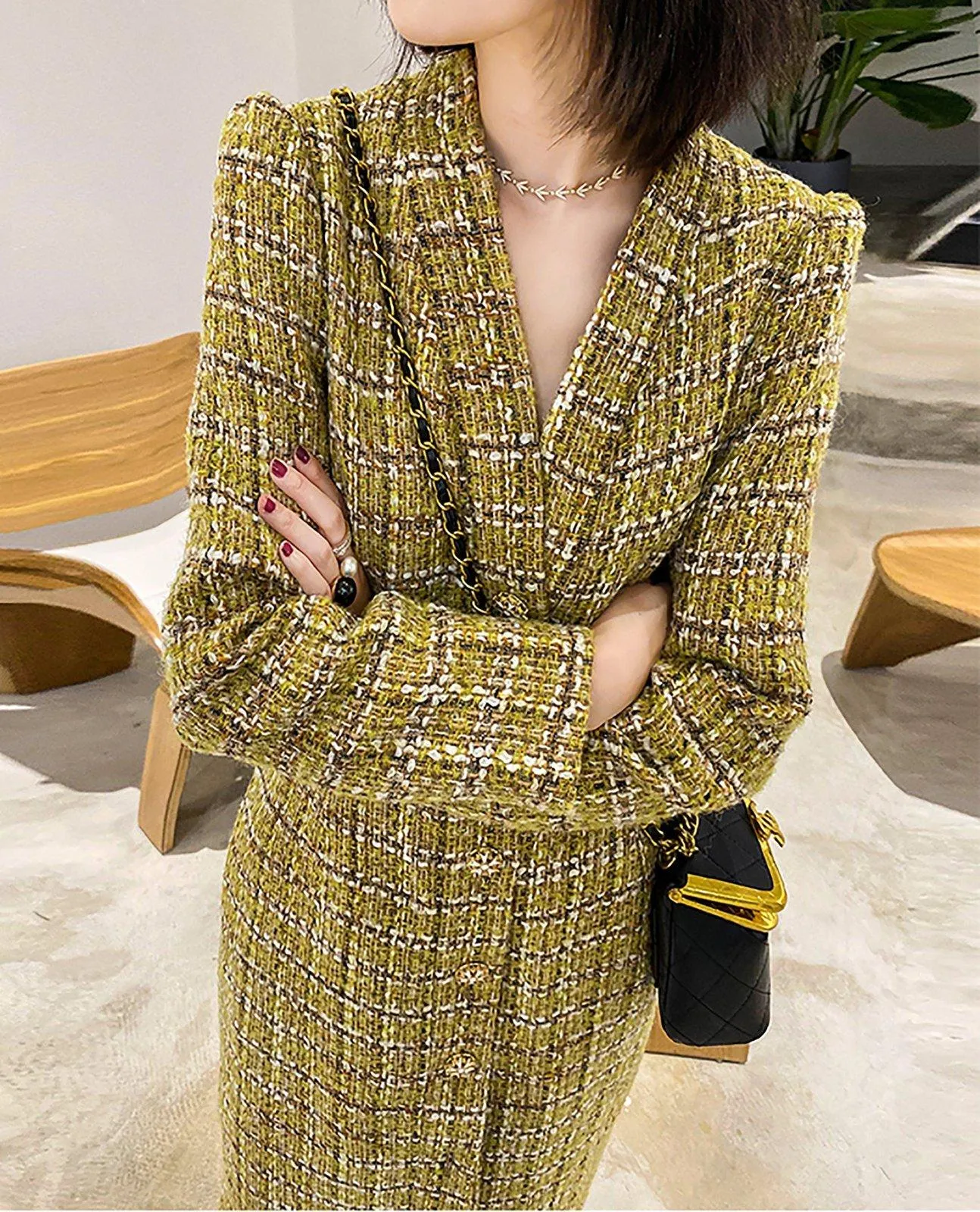 Single Breasted Wool Blend Tweed Knit Long Coat