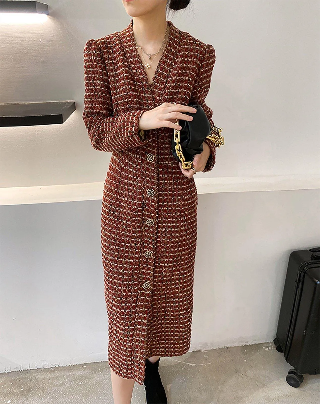 Single Breasted Wool Blend Tweed Knit Long Coat