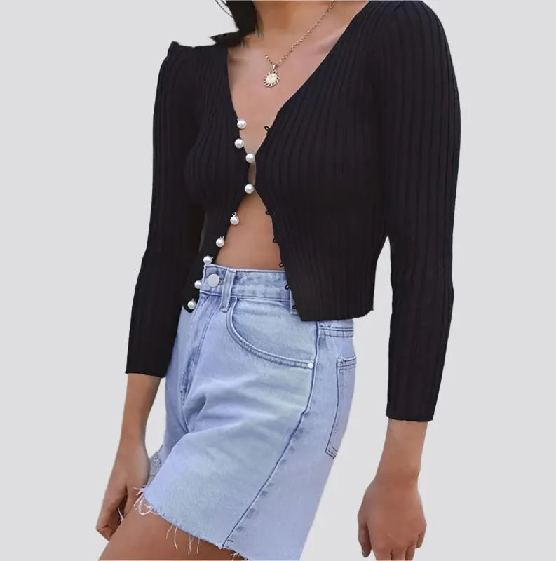 Sleeve Slim Fit Crop Tops Brief Solid Women Knit Shirt