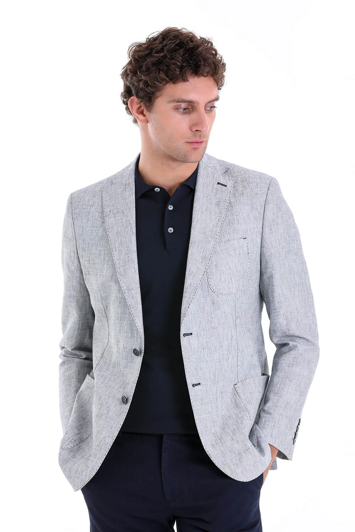 Slim Fit Notch Lapel Light Blue Linen Casual Blazer