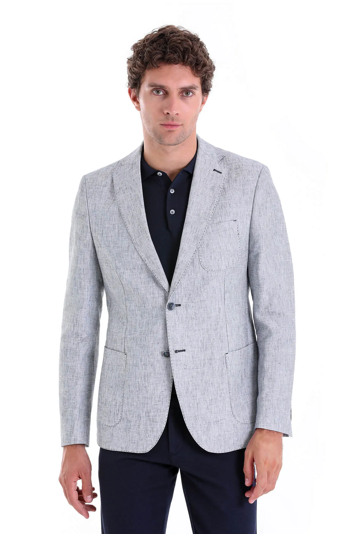 Slim Fit Notch Lapel Light Blue Linen Casual Blazer