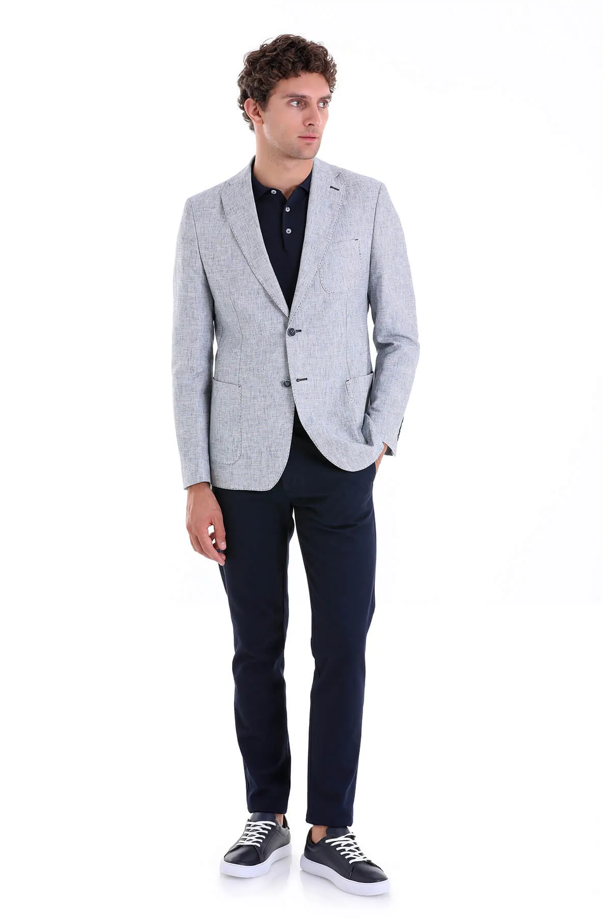 Slim Fit Notch Lapel Light Blue Linen Casual Blazer