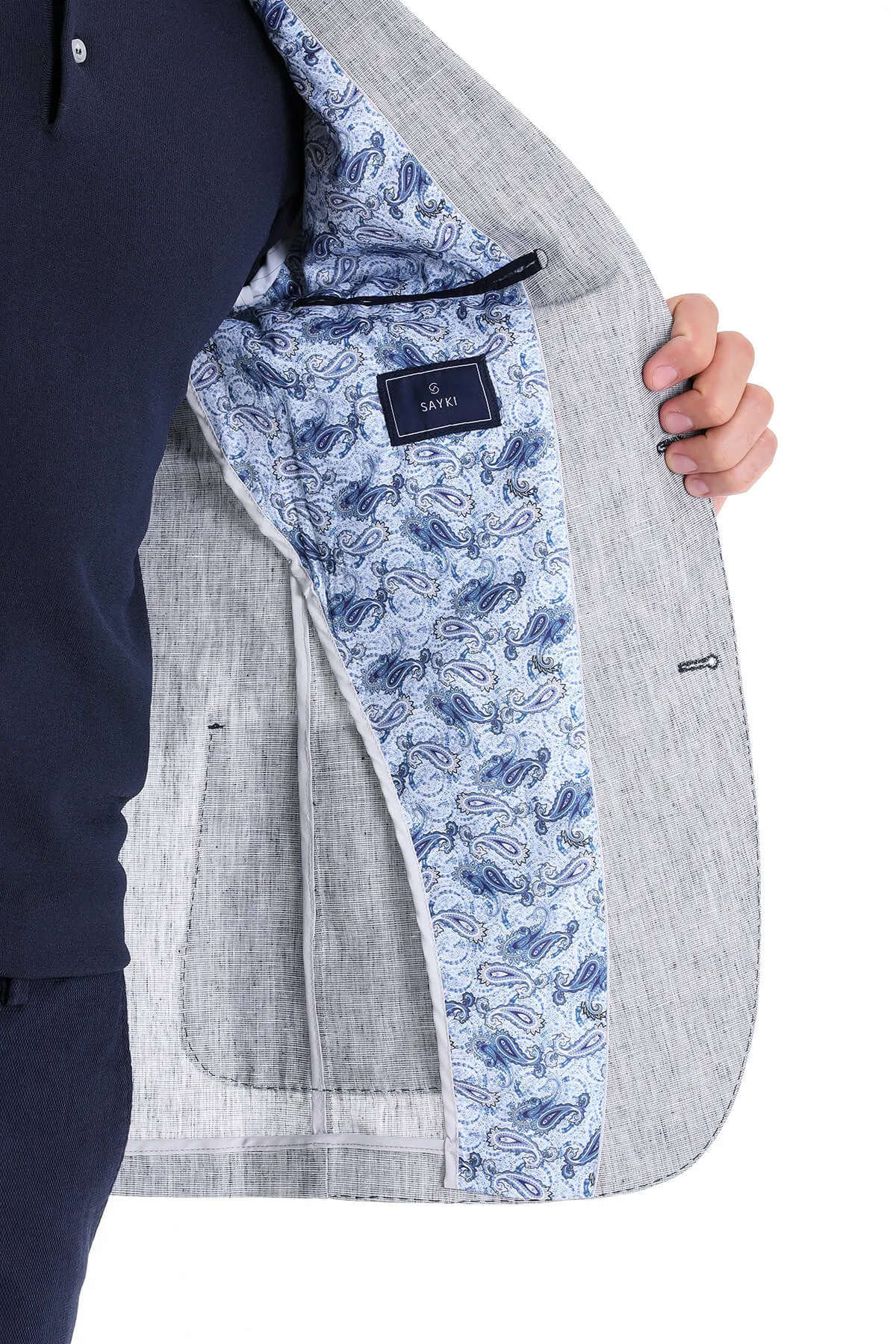 Slim Fit Notch Lapel Light Blue Linen Casual Blazer