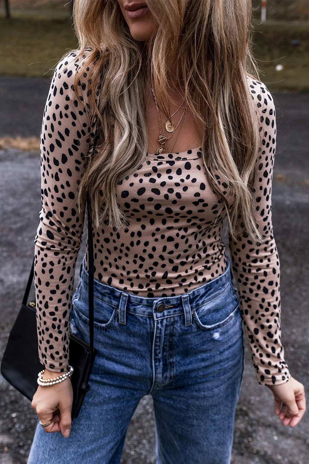 Smoke Grey Leopard Print Long Sleeve Scoop Neck Slim Fit Bodysuit