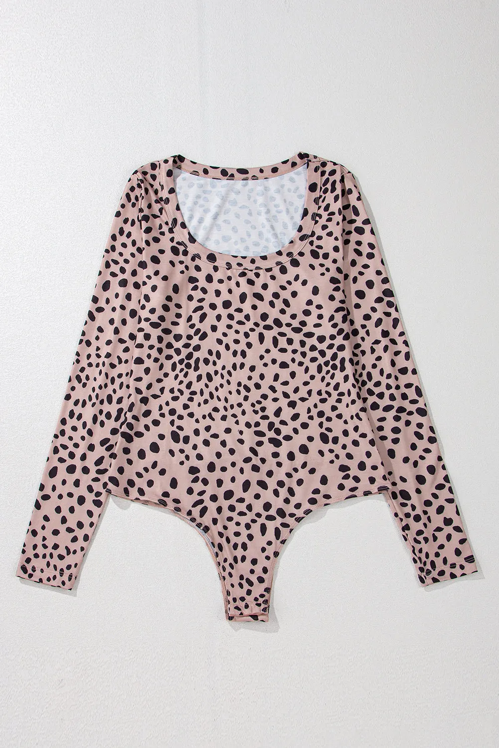 Smoke Grey Leopard Print Long Sleeve Scoop Neck Slim Fit Bodysuit