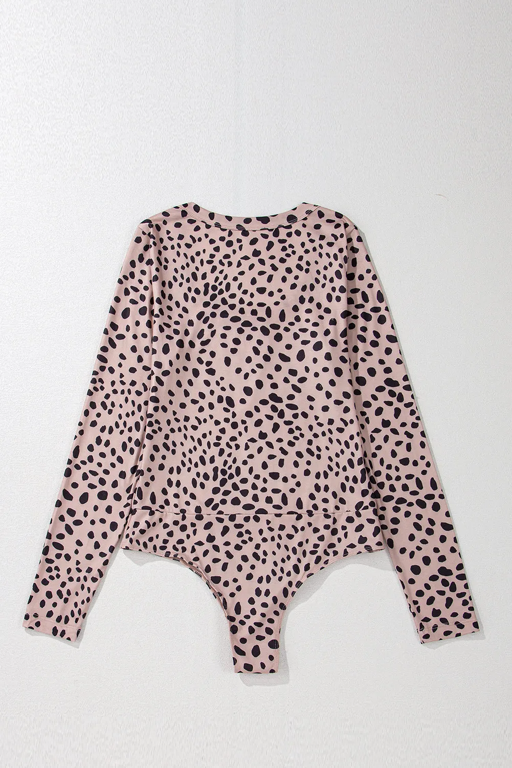 Smoke Grey Leopard Print Long Sleeve Scoop Neck Slim Fit Bodysuit