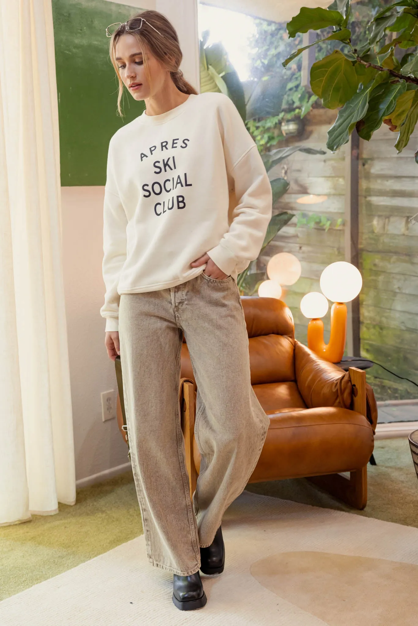 SOCIAL CLUB PRINT LONG SLEEVE KNIT TOP