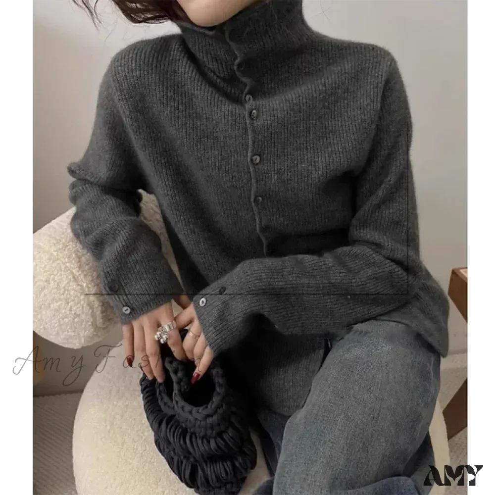 Soft Waxy Cashmere Knit Fashionable  Single-breasted Long Sleeve Warm Cozy Cardigan