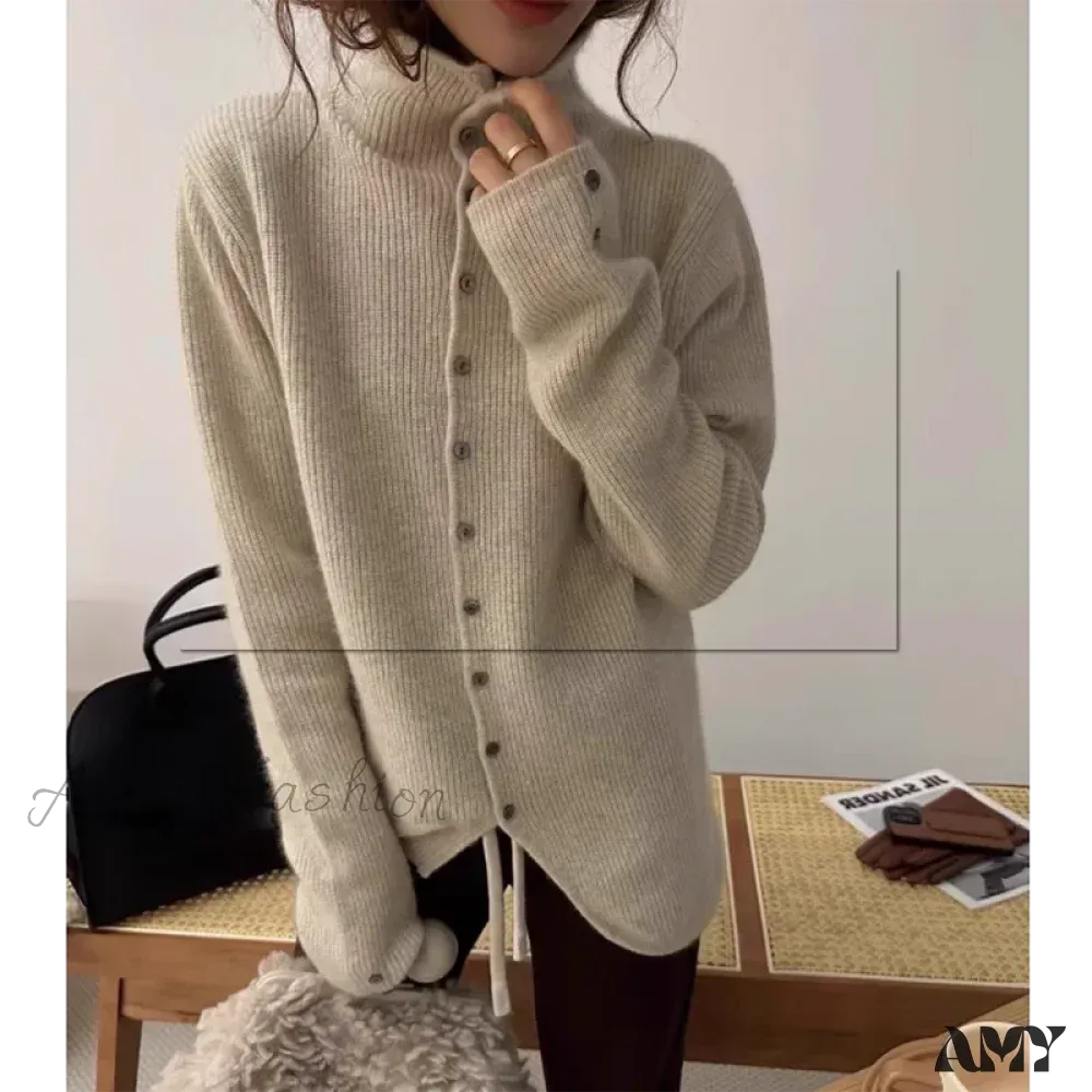 Soft Waxy Cashmere Knit Fashionable  Single-breasted Long Sleeve Warm Cozy Cardigan