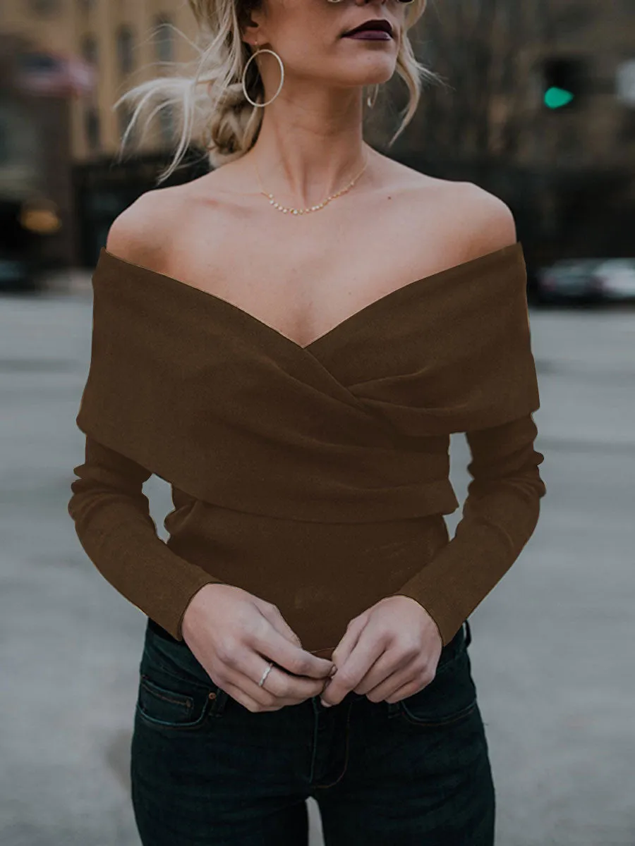 Solid Color V-Neck Off-Shoulder Knitted Sweater